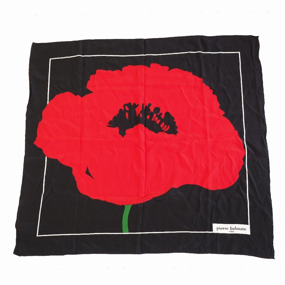 Vintage 80s Pierre Balmain Poppy Flower Silk Scarf Black Background